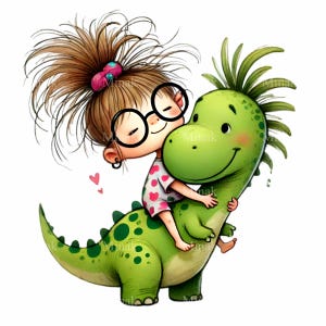 10 Mädchen und Dinosaurier PNG Clipart, niedliches Kind auf grünem Dino mit Brille, wunderliche Illustration zum Basteln