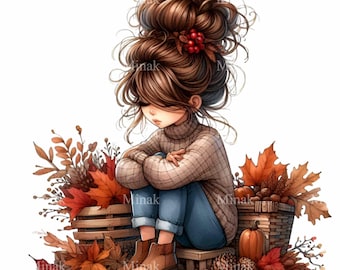 15 PNG Autumn Girl Clipart, Fall Messy Bun Illustration, Seasonal Fashion Graphic