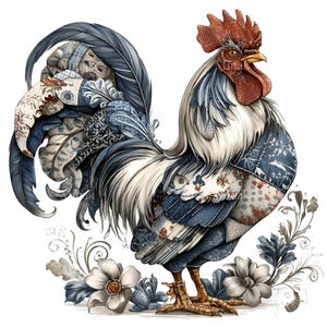 以下が含まれることがあります： パッチワークデザインの雄鶏の詳細なイラスト。雄鶏は赤い鶏冠と肉垂れ、白と青の羽、そして複雑な模様の尾を持っています。花柄が雄鶏を囲み、装飾的で芸術的な構図を作り出しています。