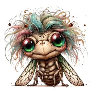 Puede incluir: Una criatura caprichosa con grandes ojos verdes, un cuerpo marrón y una melena colorida y puntiaguda. Tiene alas translúcidas con un patrón delicado.