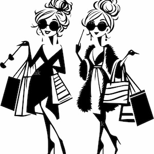 5 file SVG per tagliare eleganti donne che fanno shopping, silhouette di donne alla moda con borse, clipart chic per Cricut e taglio laser