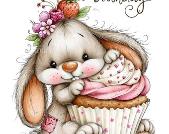 12 PNG Birthday Bunny Cupcake, Strawberry Dessert Clipart