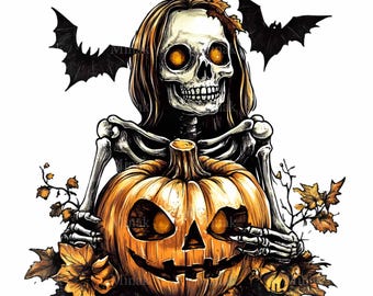 15 Skeleton Pumpkin PNG, Halloween Spooky Skull Bat Fall Harvest Printable Graphic