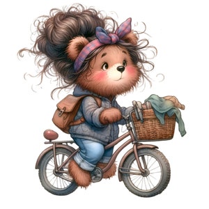 15 PNG Fahrrad Bär Clipart - niedliches pelziges Tier mit Korb für Kinder Dekor, Drucke oder Frühlingskinderzimmer Designs