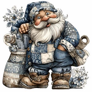 May include: A watercolour illustration of Santa Claus in a patchwork denim outfit, holding a sack of gifts and a pipe. He has a long white beard and is wearing a matching hat. The image has a whimsical, festive feel.