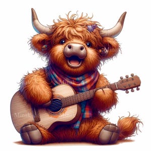 10 png-hooglandkoe met gitaar, png-clipart | Zingen harige kalf met geruite sjaal muziek afspelen | Leuke muzikale dierenkunst om te knutselen