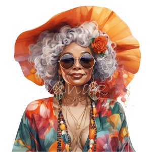 20 imágenes PNG de mujer elegante: mujer segura de sí misma con cabello gris rizado, gafas de sol, sombrero naranja y vestido floral. Arte de estilo veraniego.