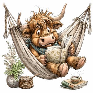 K&ouml;nnte beinhalten: Cartoon-Illustration einer Highland-Kuh, die in einer H&auml;ngematte ein Buch liest. Die Kuh hat braunes Fell, gro&szlig;e H&ouml;rner und tr&auml;gt einen blauen Schal. Ein Stapel Pfannkuchen, eine Tasse Kaffee und eine Vase mit Blumen sind ebenfalls zu sehen.