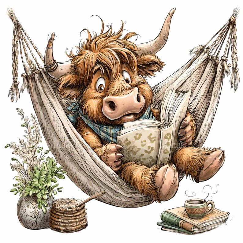 K&ouml;nnte beinhalten: Cartoon-Illustration einer Highland-Kuh, die in einer H&auml;ngematte ein Buch liest. Die Kuh hat braunes Fell, gro&szlig;e H&ouml;rner und tr&auml;gt einen blauen Schal. Ein Stapel Pfannkuchen, eine Tasse Kaffee und eine Vase mit Blumen sind ebenfalls zu sehen.