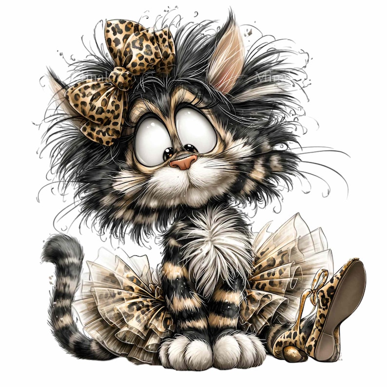 May include: A cartoon illustration of a cat with large eyes, wearing a leopard print bow, tutu, and heels. The cat has black and tan fur and a surprised expression. The background is white.