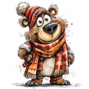 May include: A cartoon illustration of a brown bear wearing a red knitted hat with a pom-pom, a red and orange plaid scarf, and matching striped socks. The bear has a large black nose and is smiling.
