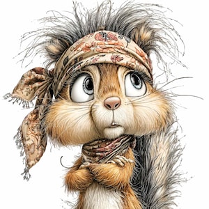 12 grappige eekhoorn, png-bestand – png-clipart met bandana – eigenzinnige bosdierenillustratie voor kaarten, stickers, knutselen en bosdecor