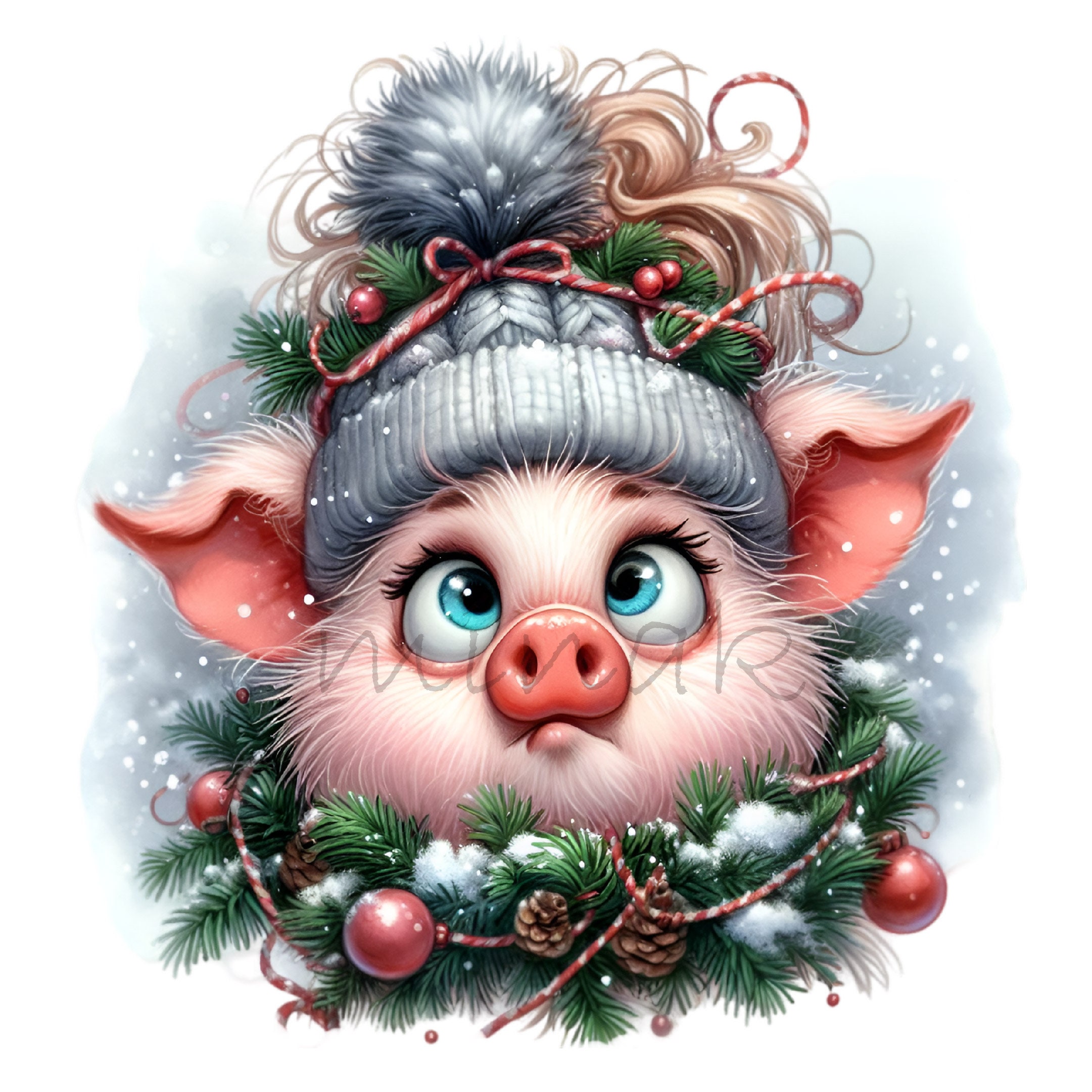 12 PNG Winter Pig Clipart – Christmas Piglet in Beanie and Pine Garland ...