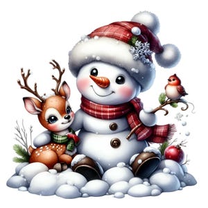 15 Clipart PNG de bonhomme de neige de Noël mignon avec bébé renne, chapeau à carreaux et oiseau pour cartes de vœux, sublimation, décoration d'hiver