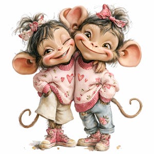 Puede incluir: Ilustración digital de dos monos de dibujos animados abrazándose. Llevan suéteres rosas con diseños de corazones y zapatillas rosas. Un mono lleva pantalones cortos blancos y el otro vaqueros azules con detalles florales. Ambos tienen lazos rosas en el pelo.