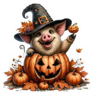 Peut inclure: Illustration d'Halloween avec un cochon souriant portant un chapeau de sorcière et sortant d'une citrouille sculptée. La scène est complétée par des citrouilles et des feuilles d'automne.