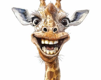 May include: A cartoon giraffe with a wide, toothy grin and large, expressive eyes. The giraffe's fur is brown and tan with a spotted pattern. The background is white.