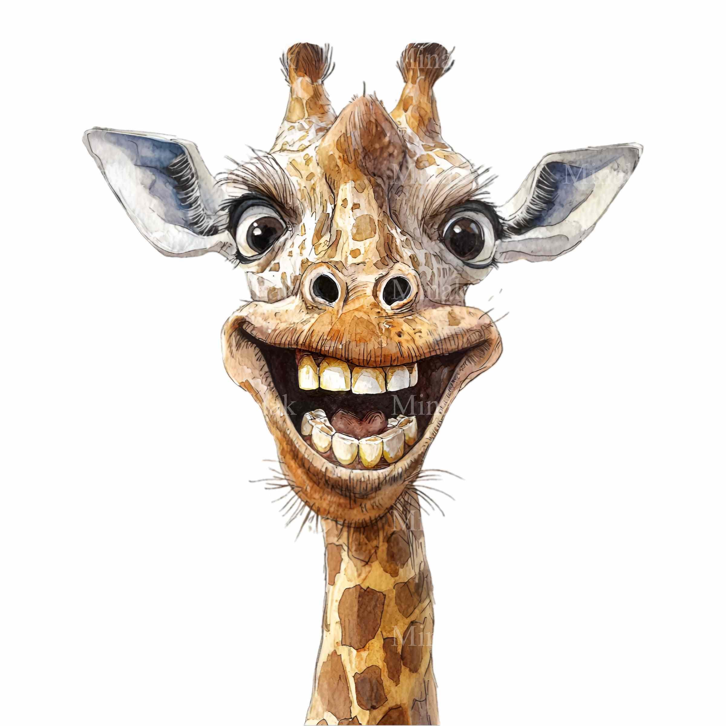 20 PNG Funny Giraffe Smiling Animal Clipart, Watercolor Joyful