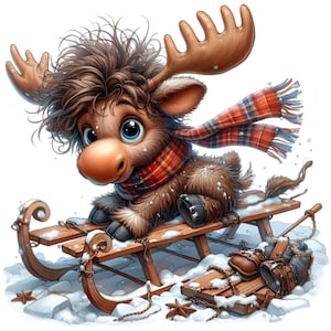 15 süße Elch Schlitten fahrende PNG Clipart | Lustiges Wintertier mit Schal auf Holzschlitten | Verschneite Weihnacht-Wald Illustration