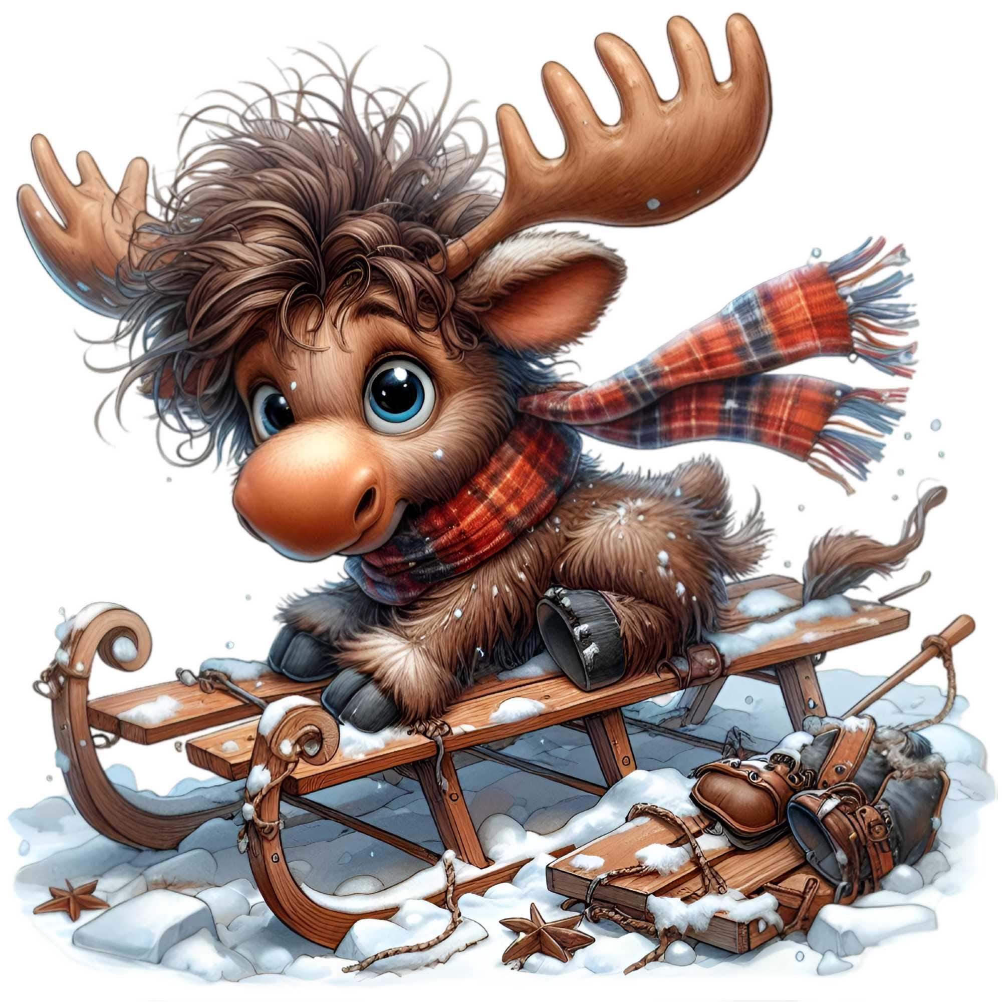 15 Cute Moose Sledding PNG Clipart | Funny Winter Animal with Scarf on Wooden Sleigh | Snowy Christmas Woodland Illustration