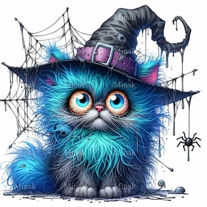 10 mignon chat bleu PNG Clipart - chat sorcier d'Halloween avec chapeau, fourrure duveteuse et toiles d'araignée - effrayant téléchargement numérique art