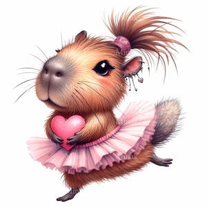 K&ouml;nnte beinhalten: Ein Cartoon-Capybara, das ein rosafarbenes Tutu tr&auml;gt und ein rosafarbenes Herz h&auml;lt. Das Capybara hat ein braunes und wei&szlig;es Fell, eine rosafarbene Schleife im Haar und einen silbernen Ohrring.