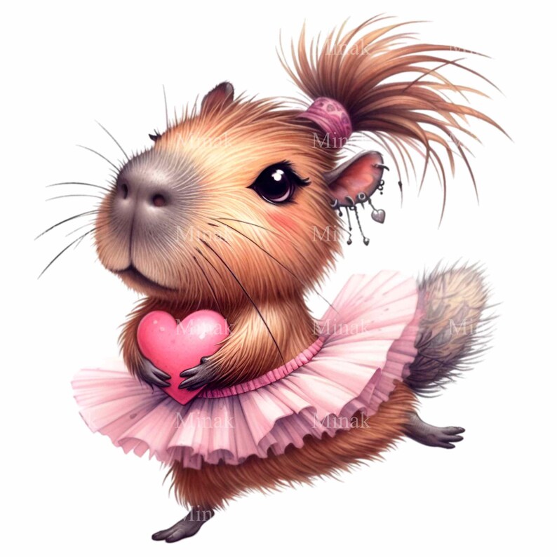 K&ouml;nnte beinhalten: Ein Cartoon-Capybara, das ein rosafarbenes Tutu tr&auml;gt und ein rosafarbenes Herz h&auml;lt. Das Capybara hat ein braunes und wei&szlig;es Fell, eine rosafarbene Schleife im Haar und einen silbernen Ohrring.