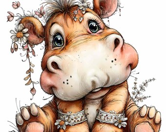 11 Bebé Hipopótamo Floral PNG, Ilustración de Animales Salvajes