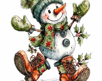 18 PNG Watercolor Winter Snowman in Boots Christmas Clipart