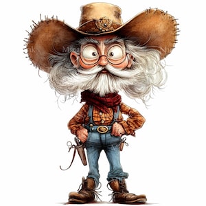 10 Funny Cowboy PNG Clipart, Whimsical Old Rancher with Big Hat and White Beard, Western Digital Illustration, Download