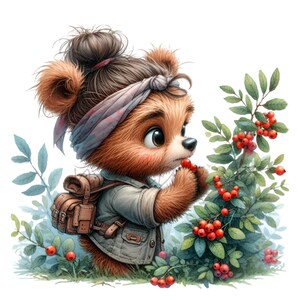 12 avontuurlijke beer png-bessen plukken clipart png, grillige natuur digitale kunst, bos dieren illustratie