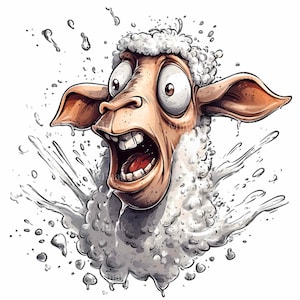 May include: A cartoon sheep with a white fluffy coat is startled and has a wide-open mouth with teeth showing. The sheep is surrounded by white splatter marks, as if it has been splashed with water.