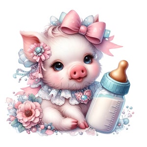 10 PNG Bebé cerdito PNG – Lindo clipart de cerdito con lazo y biberón – Arte animal de guardería en tonos pastel para invitaciones de baby shower, decoración de niñas, manualidades