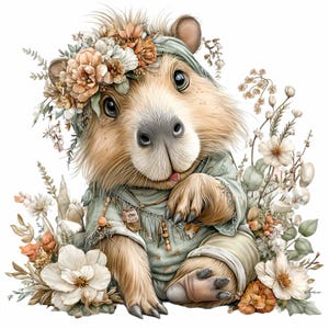 May include: A whimsical illustration of a capybara adorned with a floral crown and a light green tunic. The capybara is surrounded by delicate flowers in shades of white, peach, and brown, creating a soft, inviting aesthetic. The animal's expression is gentle and endearing.