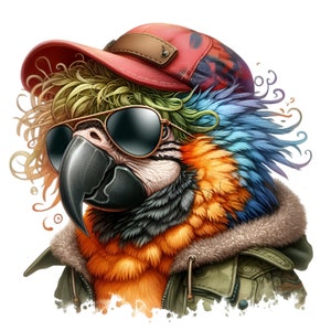 Cool Parrot Clipart PNG, 12 pappagalli alla moda con occhiali da sole e cappello, perfetti per progetti di arte digitale e artigianato