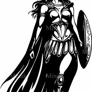 4 fichiers SVG guerrière spartiate SVG - femme féroce dans un casque à plumes tenant le bouclier - téléchargement numérique pour Cricut et laser