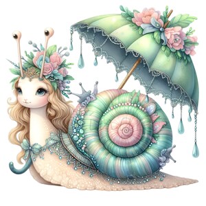 10 wunderliche Schnecke Prinzessin Clipart PNG | Pastell Schnecke mit Sonnenschirm, Krone & Blumen | Fantasie Tier Illustration