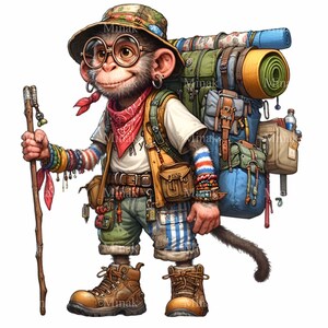 15 imágenes prediseñadas de monos excursionistas: un simpático mono explorador con mochila, gafas, equipo, bastón, botas y pañuelo.