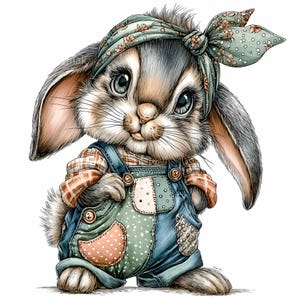 Könnte beinhalten: Eine bezaubernde Illustration eines Hasen mit floralem Haarband, kariertem Hemd und Jeans-Latzhose mit Aufnähern. Der Hase hat große, ausdrucksstarke Augen und einen süßen Ausdruck. Die Farbpalette umfasst sanfte Blau-, Grün-, Braun- und Rosatöne und erzeugt eine skurrile Ästhetik.