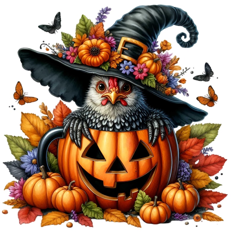 12 PNG Halloween Rooster Witch Hat Chicken Pumpkin Clipart, Fall Leaf ...