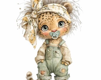 16 images clipart de bébé léopard (PNG) avec tétine et guépard - thème safari - sublimation pour chambre d'enfant