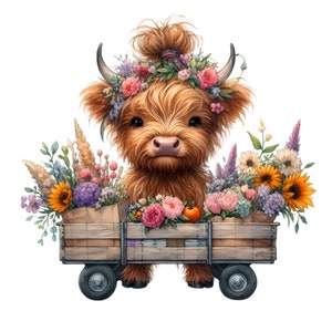 K&ouml;nnte beinhalten: Eine Highland-Kuh mit einer Blumenkrone sitzt in einem h&ouml;lzernen Wagen, der mit bunten Blumen gef&uuml;llt ist. Die Kuh ist braun und wei&szlig; mit einer flauschigen M&auml;hne und einem Schwanz. Der Wagen hat Holzr&auml;der und eine braune Papiert&uuml;te hinten.