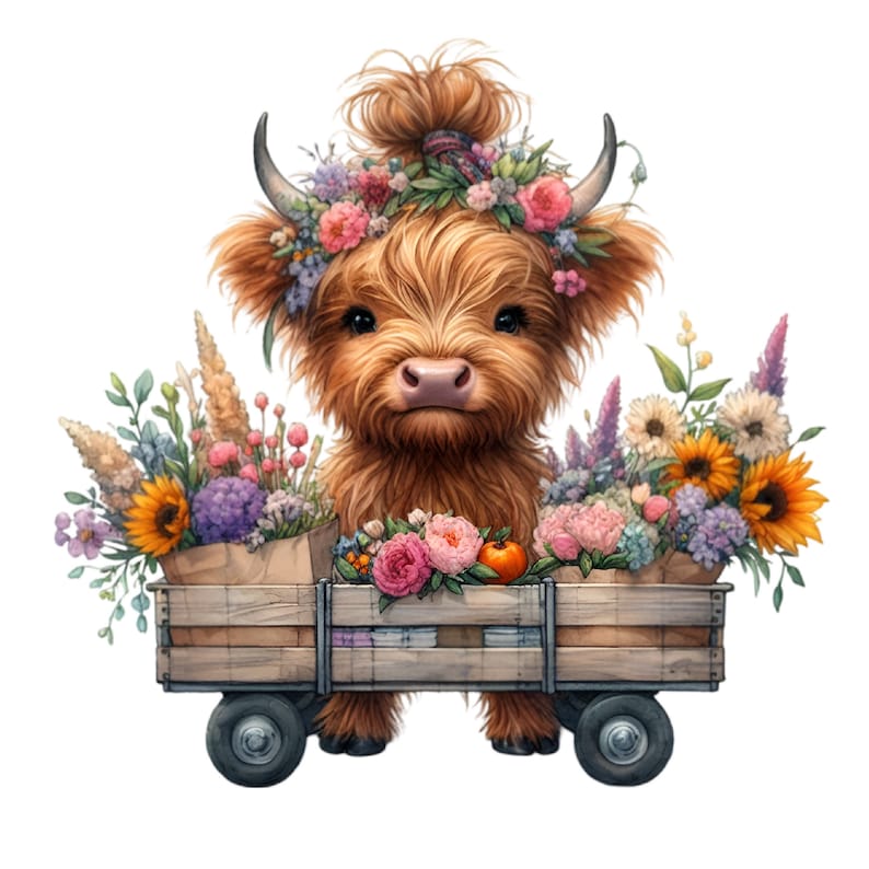 K&ouml;nnte beinhalten: Eine Highland-Kuh mit einer Blumenkrone sitzt in einem h&ouml;lzernen Wagen, der mit bunten Blumen gef&uuml;llt ist. Die Kuh ist braun und wei&szlig; mit einer flauschigen M&auml;hne und einem Schwanz. Der Wagen hat Holzr&auml;der und eine braune Papiert&uuml;te hinten.