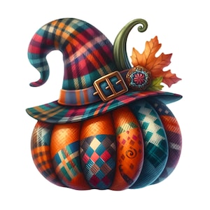 Puede incluir: Una calabaza de patchwork con un sombrero de bruja de cuadros con una hebilla marrón y un pequeño adorno floral. El sombrero tiene un borde rizado y un acento de hoja.