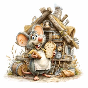 Könnte beinhalten: Eine Cartoon-Maus mit Schürze hält Brotscheiben vor einem rustikalen Holzhaus. Die Maus hat große Ohren und eine rosa Nase. Ein Fass und Brotlaibe sind ebenfalls zu sehen, was eine charmante Szene ergibt.