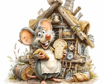 16 PNG Mouse Baker Clipart – Chef Mouse with Bread for Kitchen Art, Bakery Labels, Cooking Stickers, Sublimation and Craft Projects