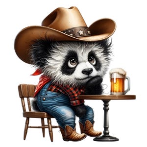 12 imágenes PNG de panda vaquero con sombrero, camisa a cuadros, jarra de cerveza, botas, un lindo animal campestre sentado a la mesa para manualidades de sublimación.