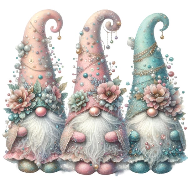 Pastel Christmas Gnomes Clipart, 15 PNG Three Gnomes Clip Art Printable, Digital Downloads, Card Making, Sublimation, Gift Tag, Junk Journal