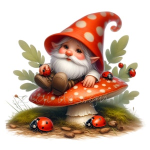 15 Gnome on Mushroom PNG Clipart, Cute Gnome with Ladybugs and Red Polka Dot Hat, Whimsical Forest Digital Download