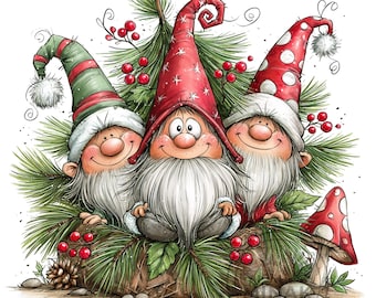 15 Weihnachtswichtel-Trio, Kiefernholz-Cliparts, Aquarell, Rot, Grün, Pilze (PNG)